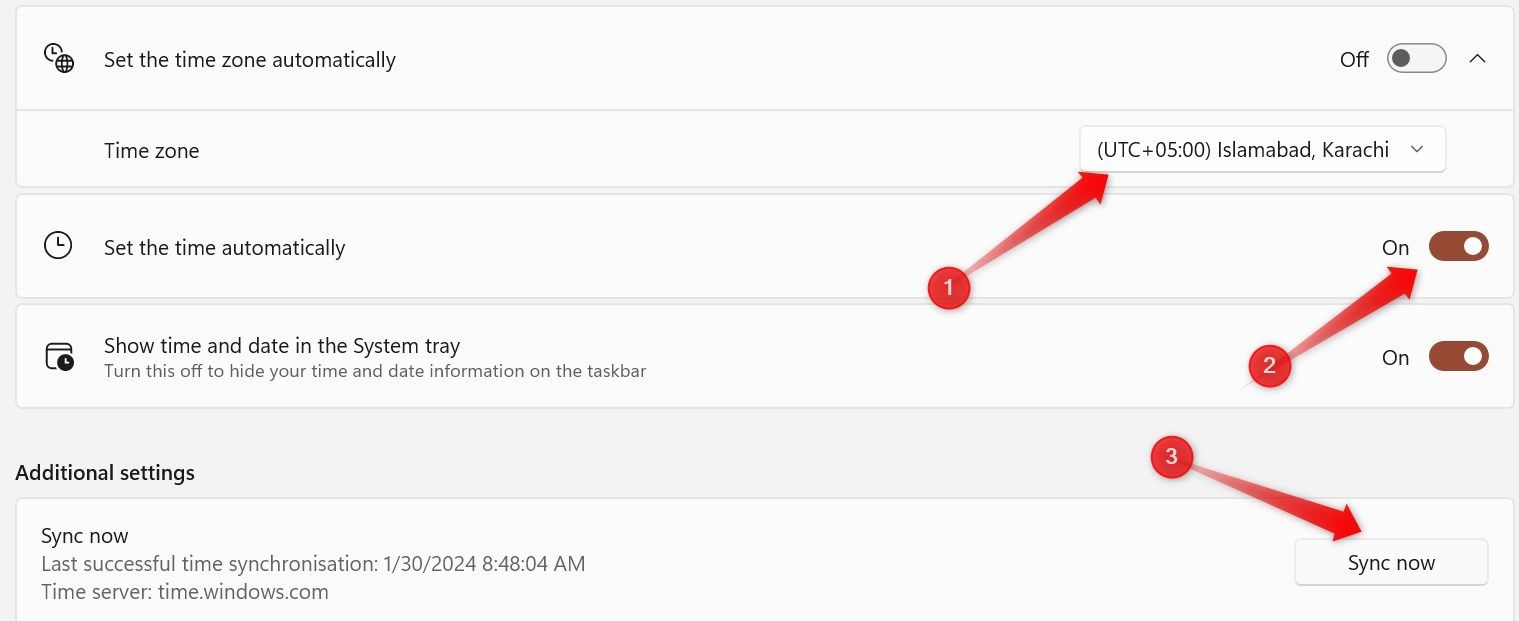 Changing the time zone and syncing the time in the Windows Settings app.