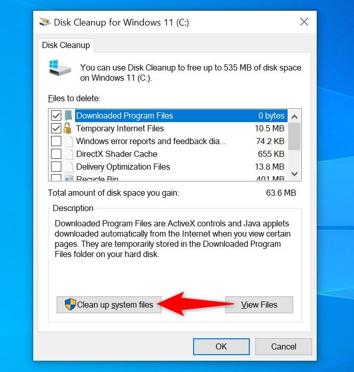 'Clean Up System Files' highlighted in Disk Cleanup.