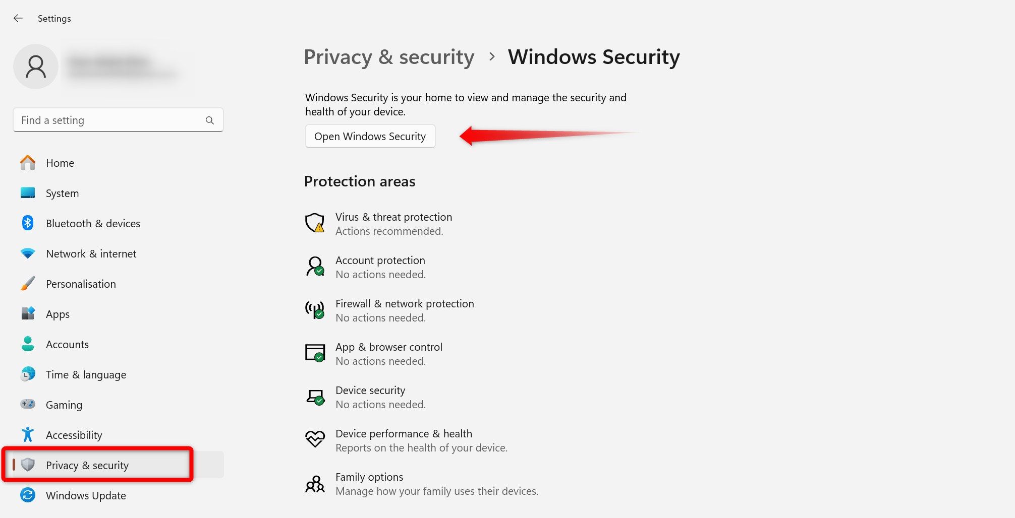 Opening the Windows Security app from Windows Settings.