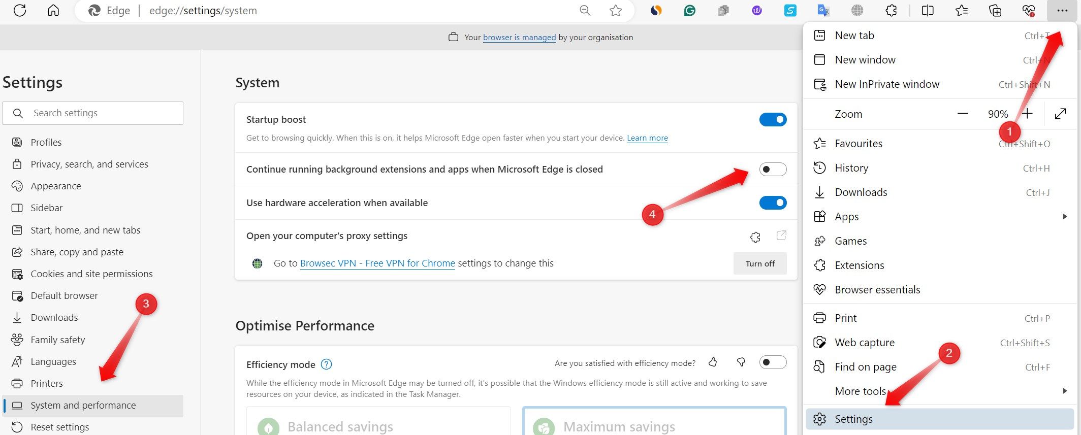 Turning off the background process from Microsoft Edge settings.
