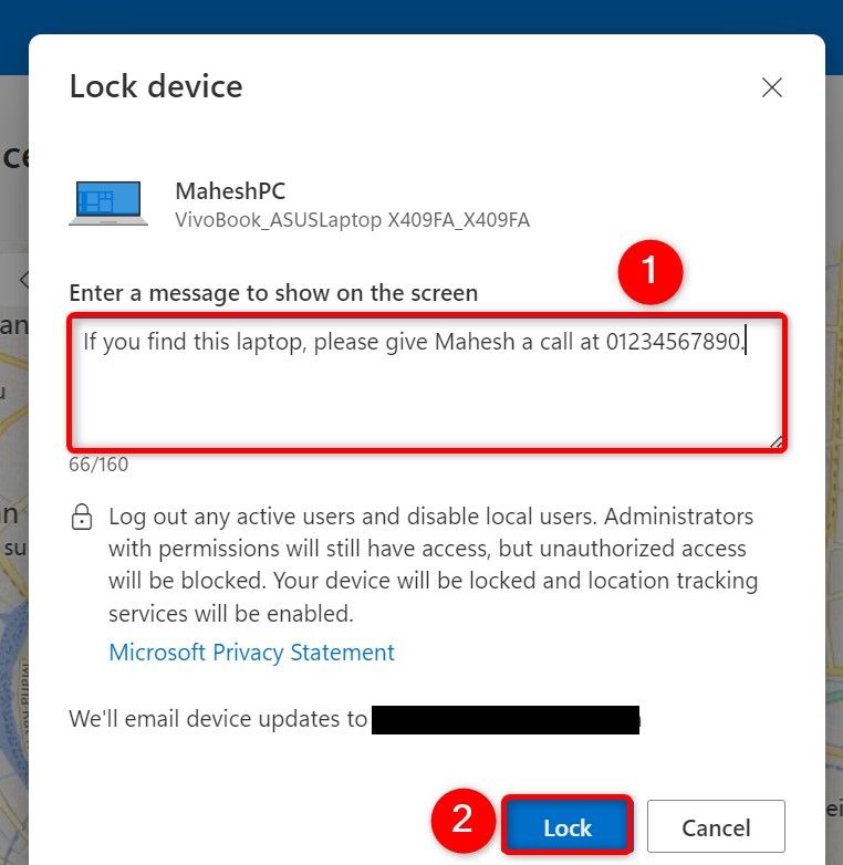 The message box and 'Lock' highlighted on the 'Lock Device' window.