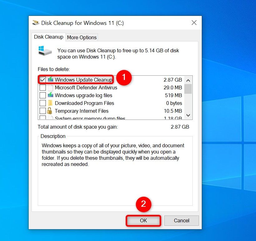 'Windows Update Cleanup' and 'OK' highlighted in Disk Cleanup.