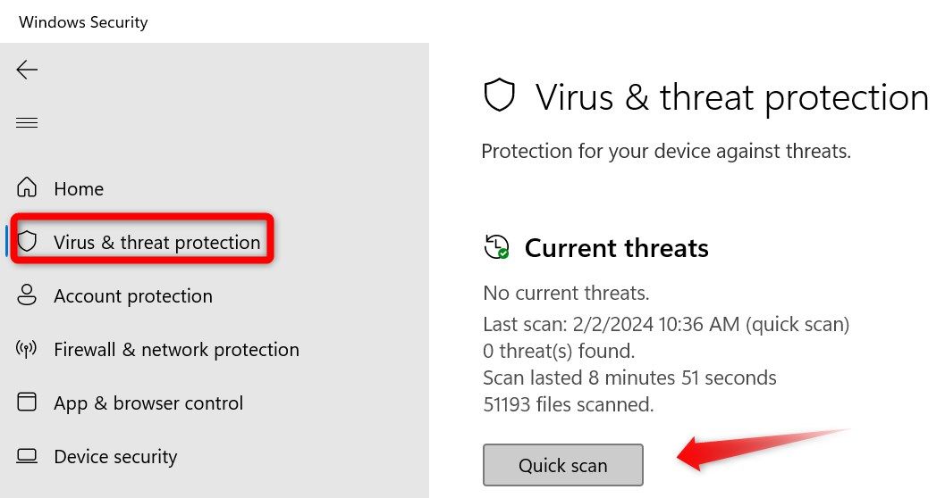 Running the Microsoft Defender's quick scan from the Windows Security app.