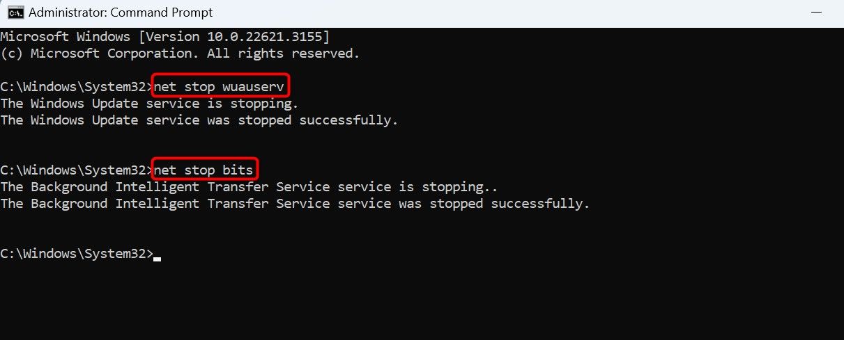 Commands to stop certain Windows services typed in Command Prompt.