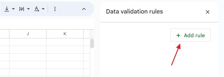 Add Rule option in the Data Validation Rules window.