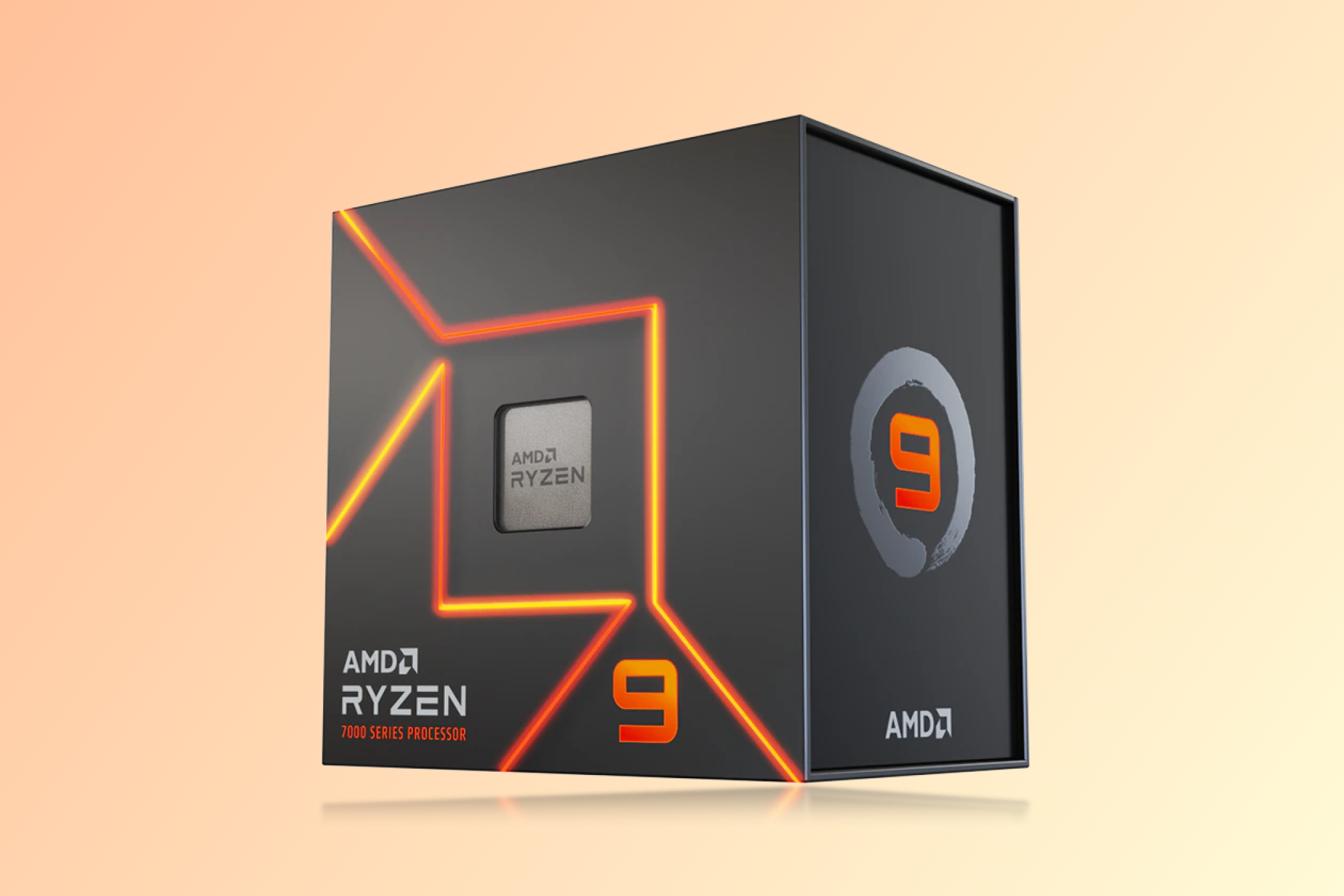 AMD Ryzen 9 7950X Box against an orange background