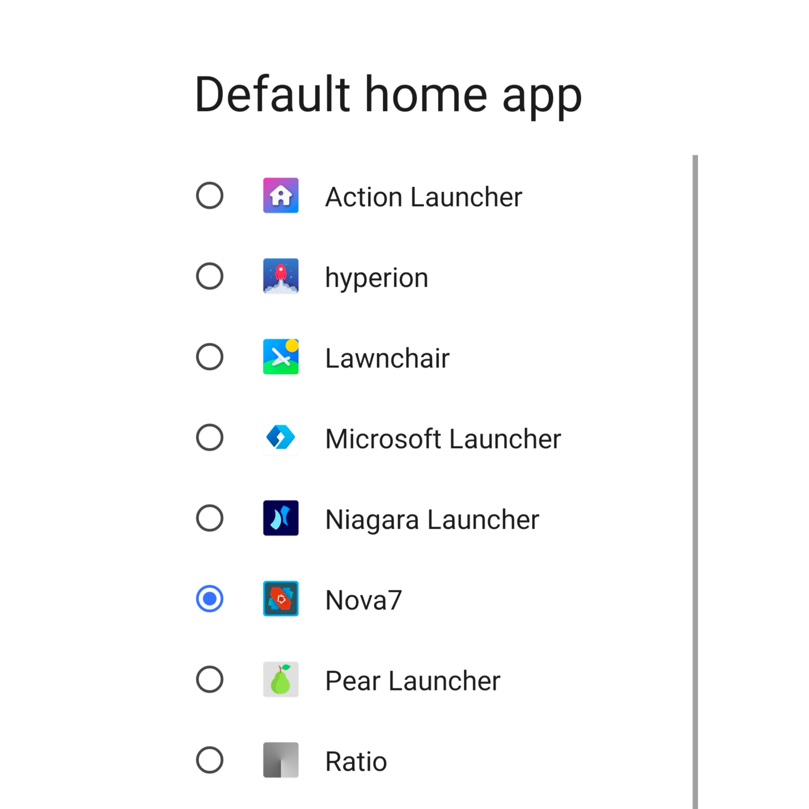 The 'default home app' selection screen displaying all the installed Android launchers on the device. 