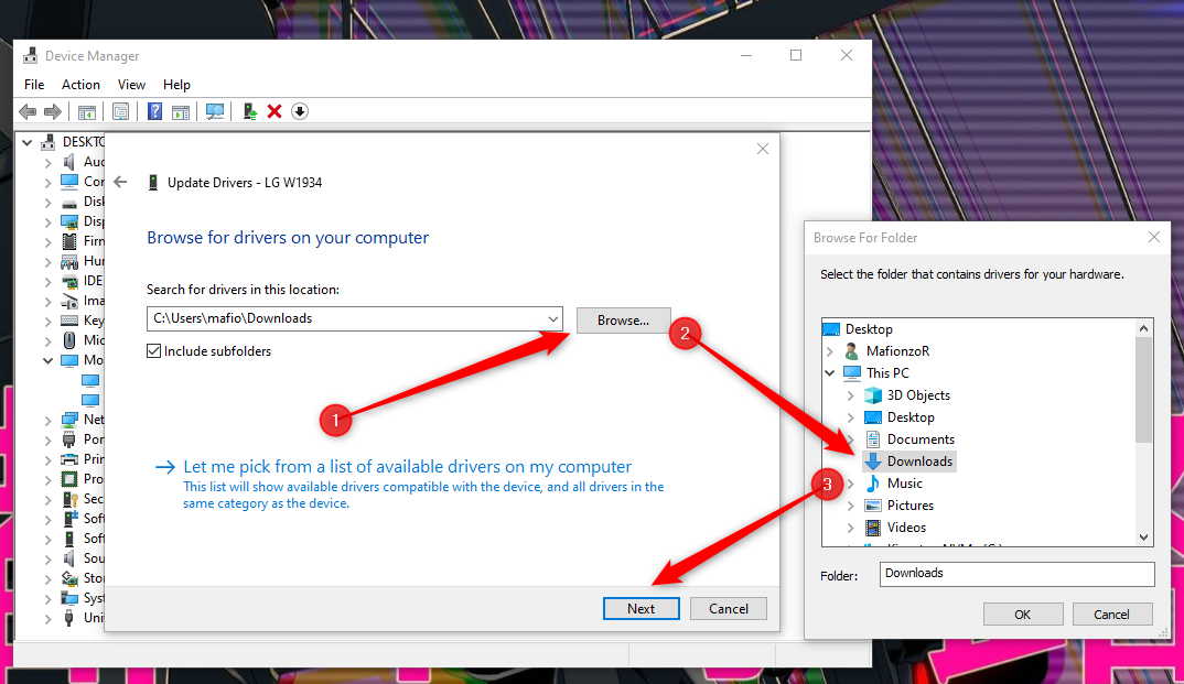 The update drivers section in Device Manager showing how to manually select the folder containing the driver.