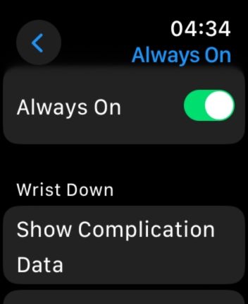 Screenshot of the always-on toggle on Apple Watch.