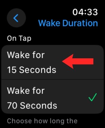 Screenshot of the Wake Duration options on Apple Watch.