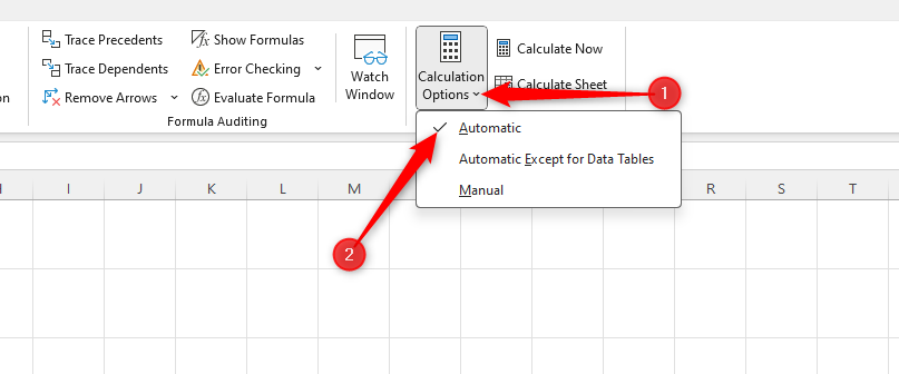 Excel sheet demonstrating where to find the 'Automatic Calculation' option.