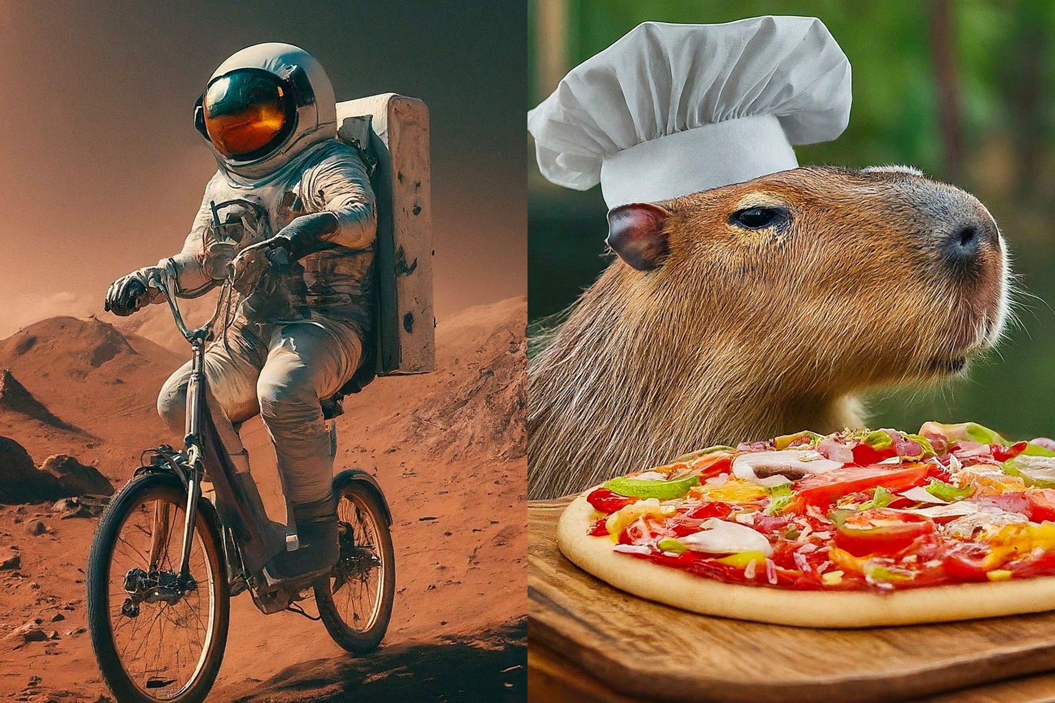 AI images of an astronaut riding a bicycle on Mars and a Capybara making a pizza.