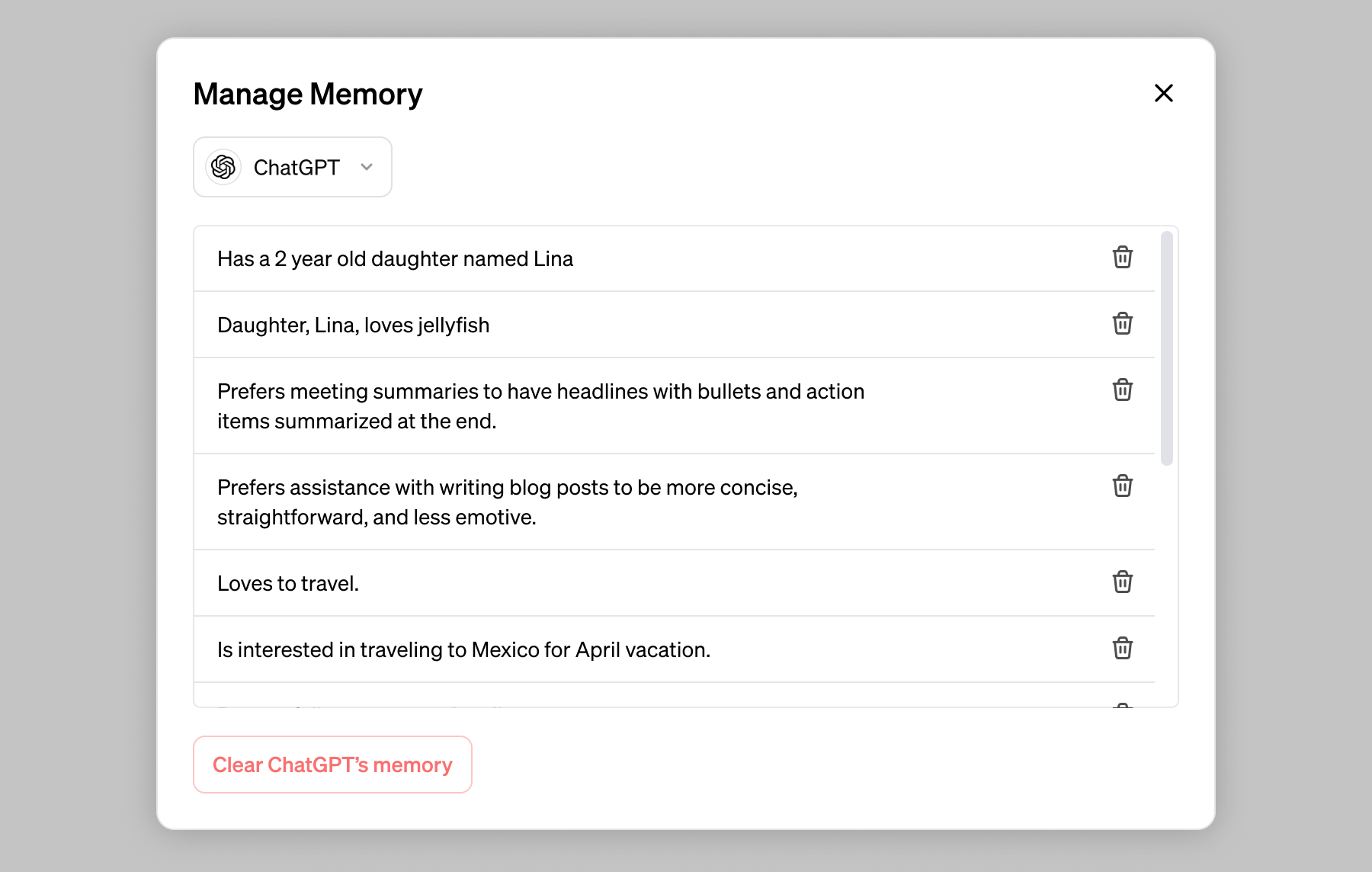 Screenshot of ChatGPT memory list with items like &ldquo;Has a 2 year old daughter named Lina&rdquo; and &ldquo;Is interested in traveling to Mexico for April vacation.&quot;