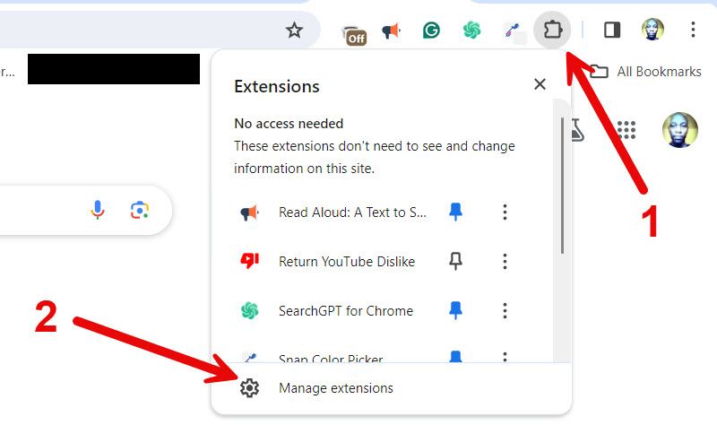 Navigating to the 'Manage Extensions' screen in Chrome.