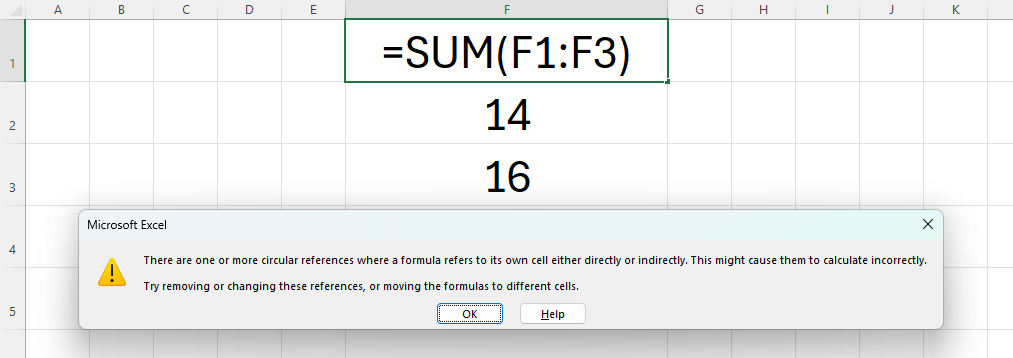 Excel sheet with a &lsquo;Circular Reference&rsquo; warning showing.
