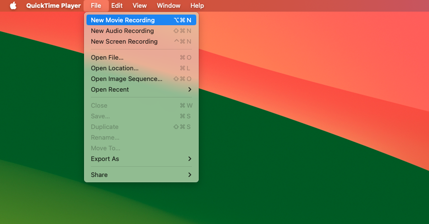 Selecting 'New Movie Recording' in File menu in QuickTime Player.