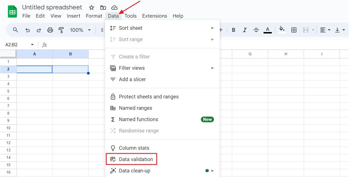 Data Validation option in the Data menu of Google Sheets.