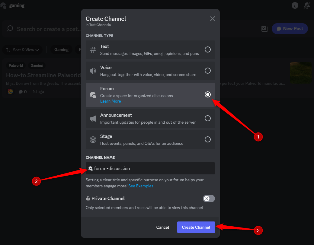 The Discord 'Create Channel' menu with the 'Forum' button selected, the 'Channel Name' filled in, and the 'Create Channel' button highlighted in blue.