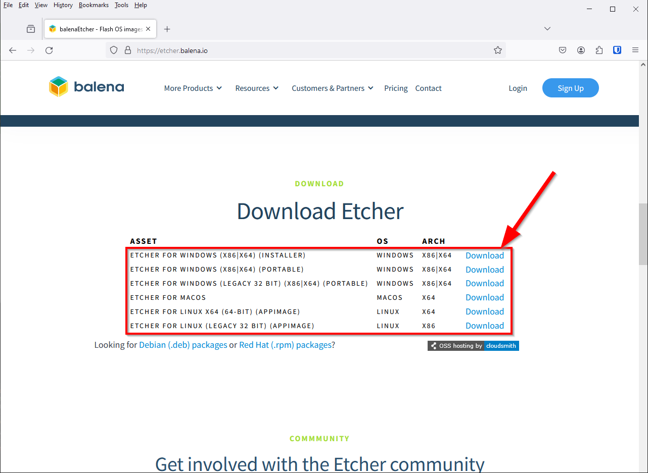 Download links for all available OS versions of Balena Etcher