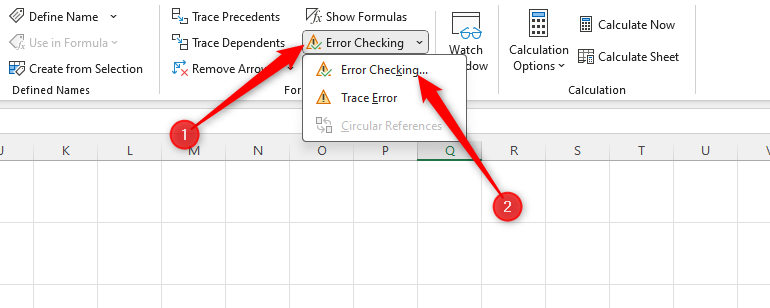 Excel sheet showing where to access the 'Error Checking' option in the 'Formulas' tab.
