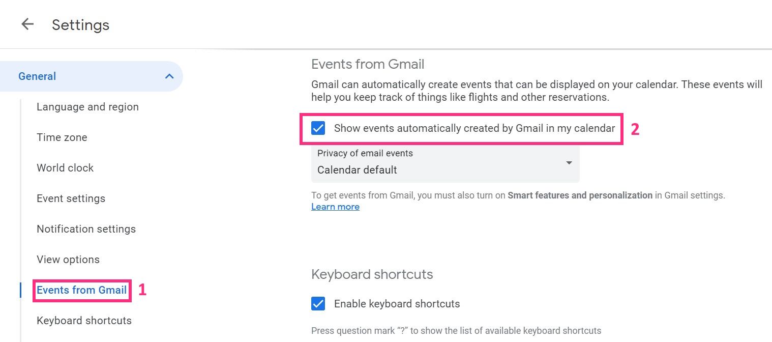 Events from Gmail Settings in Google Calendar