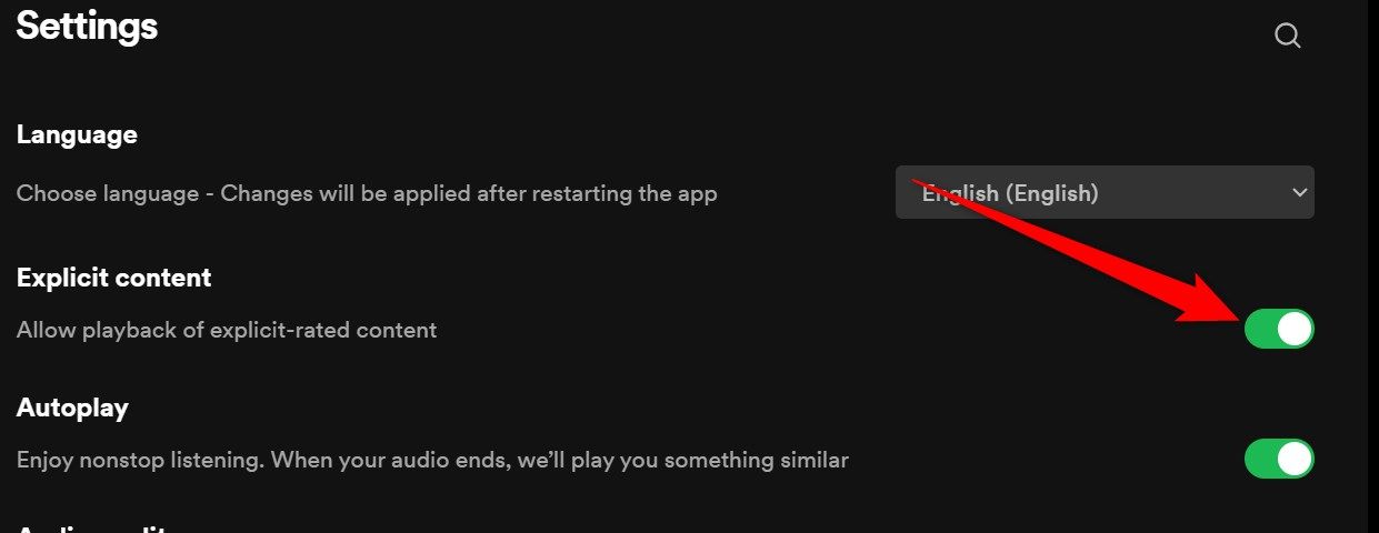 The 'Explicit Content' toggle on the Spotify desktop app