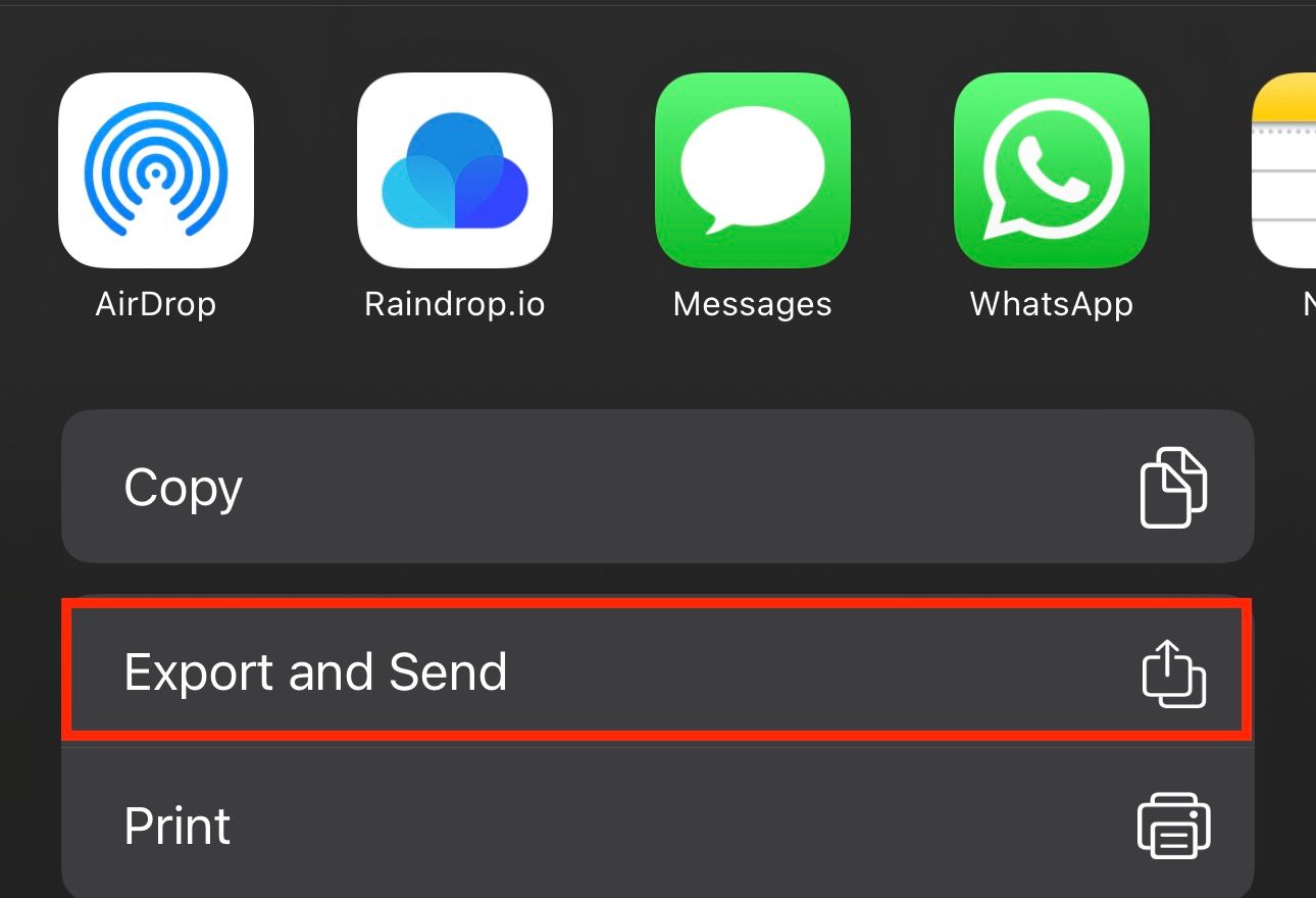 Export and Send option in Apple Pages app on an iPhone.