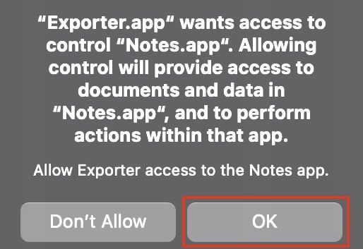 Granting Exporter app access to control Apple Notes on a Mac.