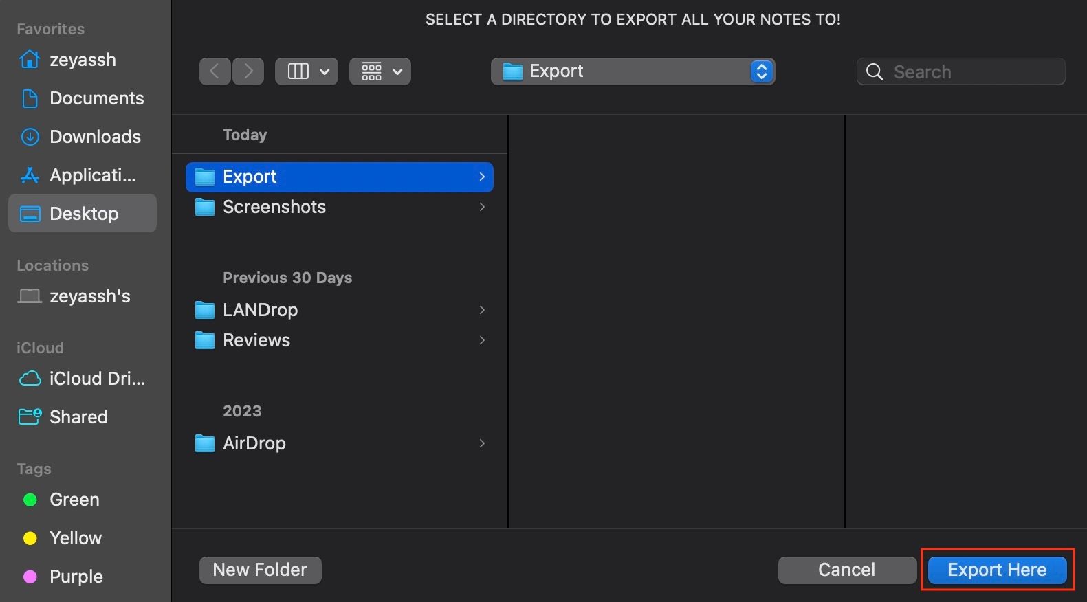 Selecting a folder to export Apple Notes.