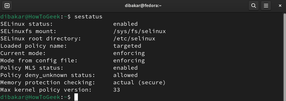 Термінал Fedora Linux виконує команду sestatus, щоб показати, що SELinux увімкнено.