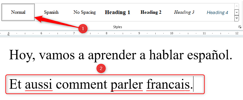 Word document containing a string of text in French using the Normal style. The sentence is highlighted as containing errors.