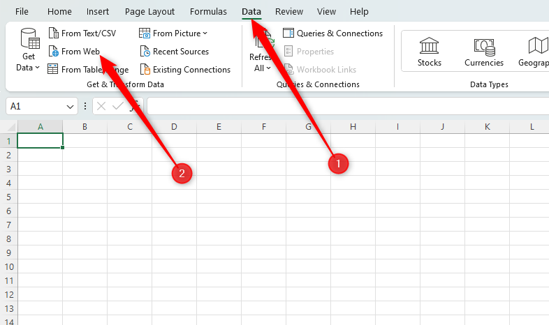 Excel worksheet showing where to access the 'From Web' option in the 'Data' tab.