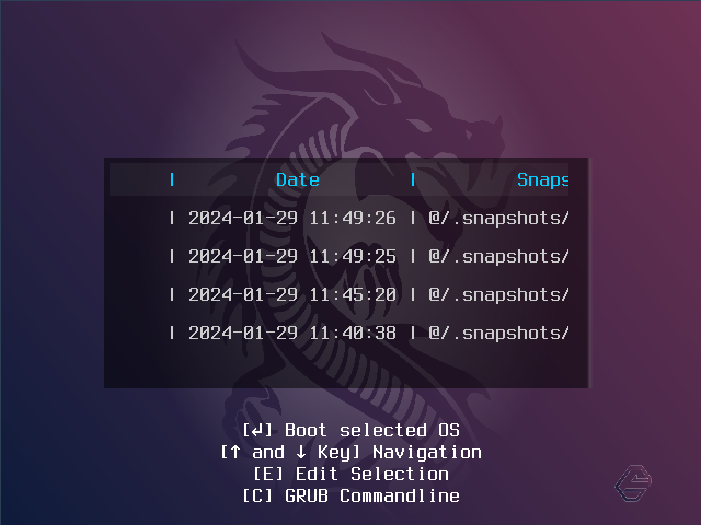 Варіант Garuda Linux Snapshots для вибору з попередньо збережених знімків для повернення.