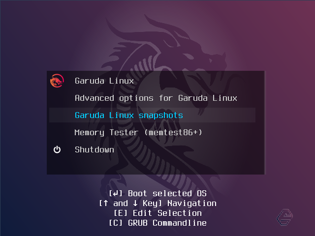 Garuda Linux Snapshots to revert back to previously saved state from GRUB Menu.