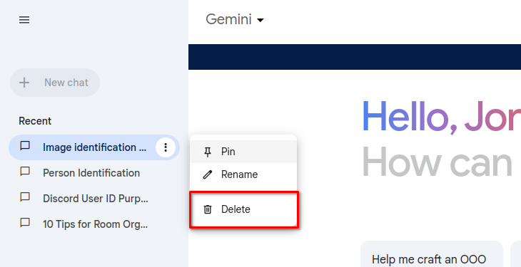 The Delete button for an individual chat shown in the context menu for the chat on the left-hand side of the chat view.