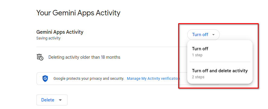 Click the drop-down menu for Gemini App Activity to choose to turn off saving activity.