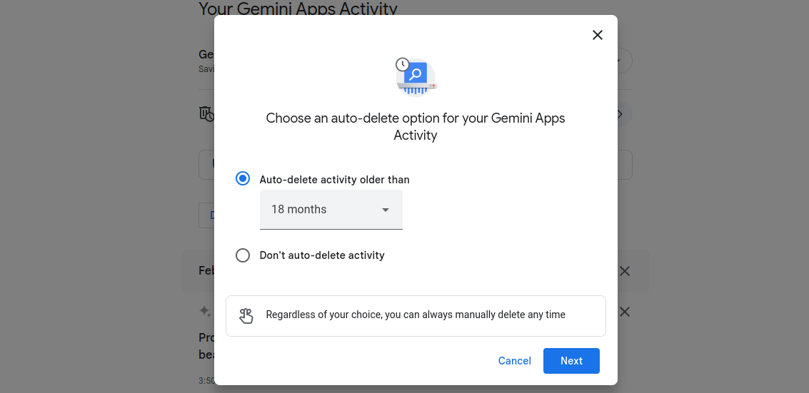 Menu for modifying the auto-delete function on Google Gemini apps.