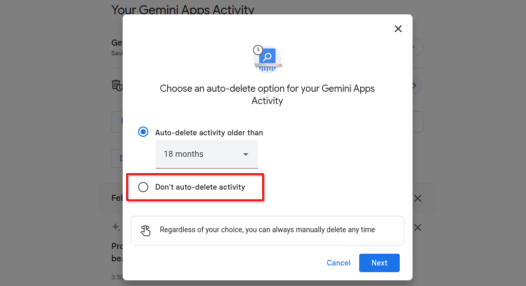 The option to don't auto-delete activity in Gemini apps settings.