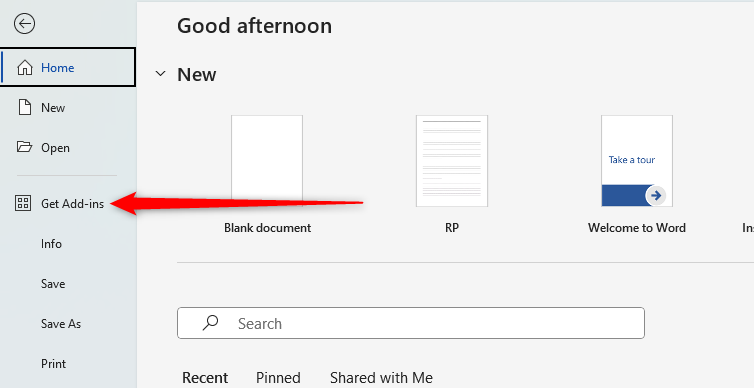 Word document showing the 'Get Add-ins' button via the 'File' tab.