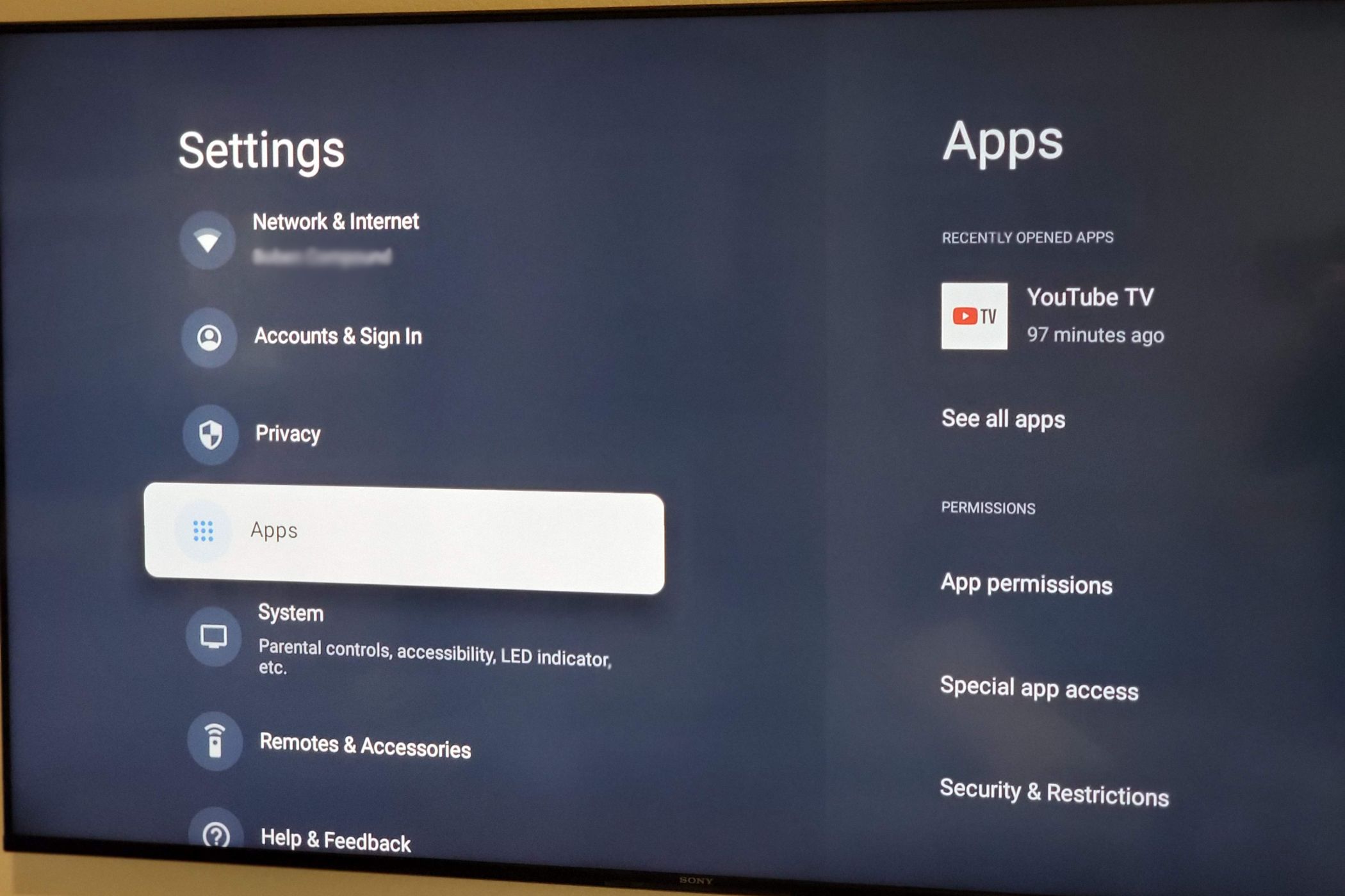 Google TV apps in settings menu.