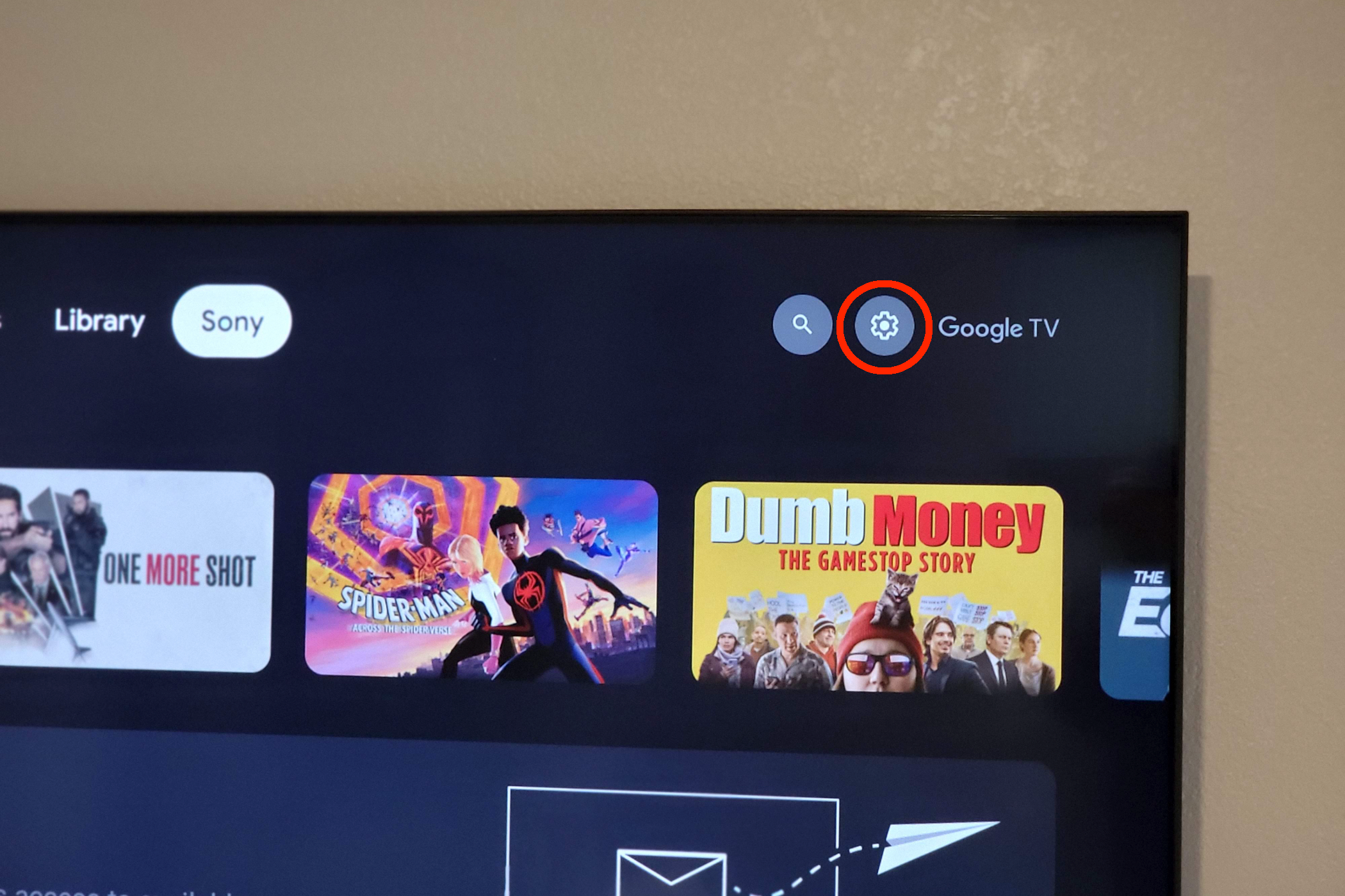 Google TV settings icon on Sony TV. 