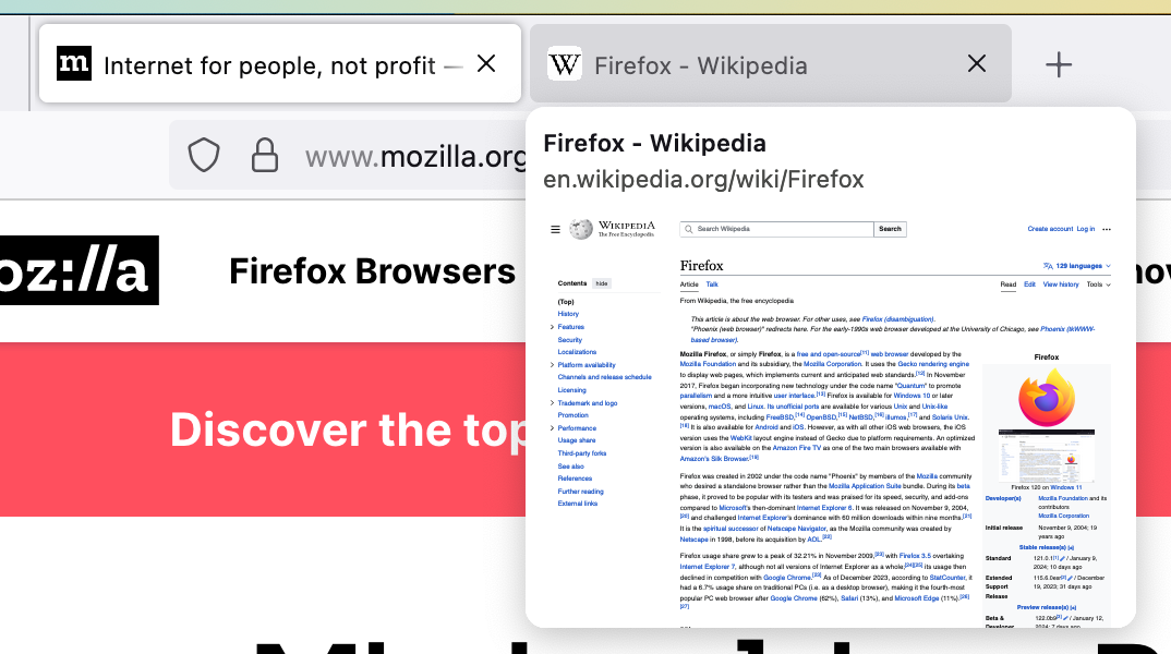 Captură de ecran cu trecerea cursorului peste o filă în Firefox.