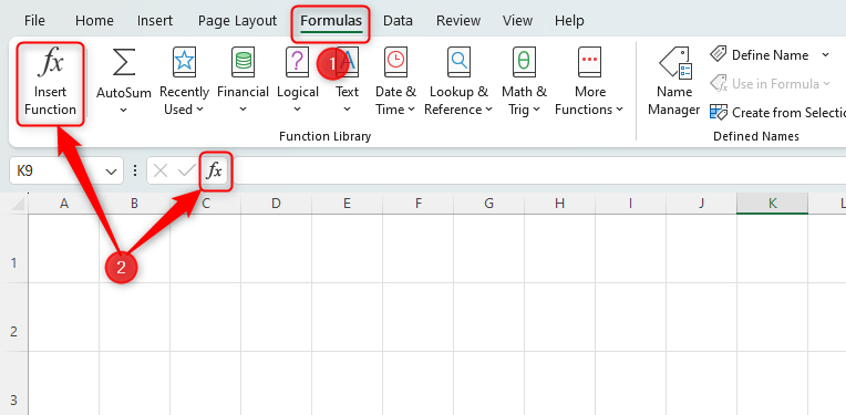 Excel sheet showing how to find the 'Insert Function' option via the 'Formulas' tab.