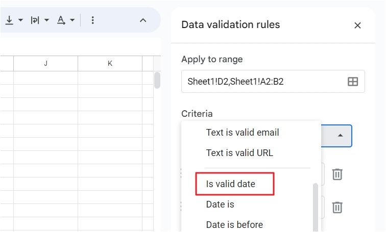 Is Valid Date option in the Criteria drop-down menu.