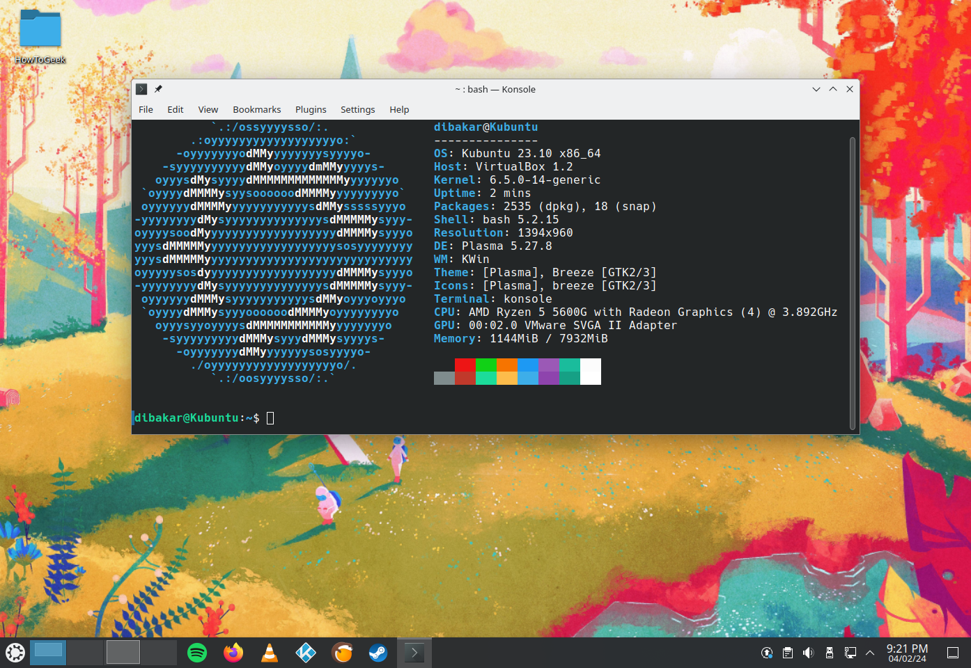 Kubuntu Linux Desktop показує вікно терміналу Neofetch.