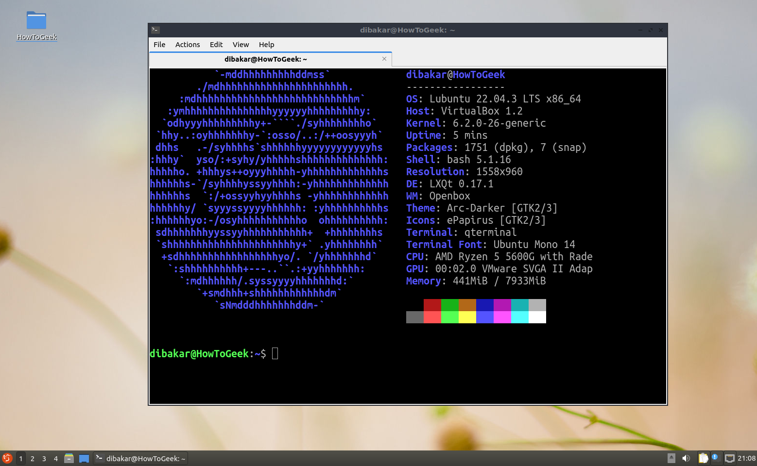 На робочому столі Lubuntu Linux показано вікно терміналу Neofetch.