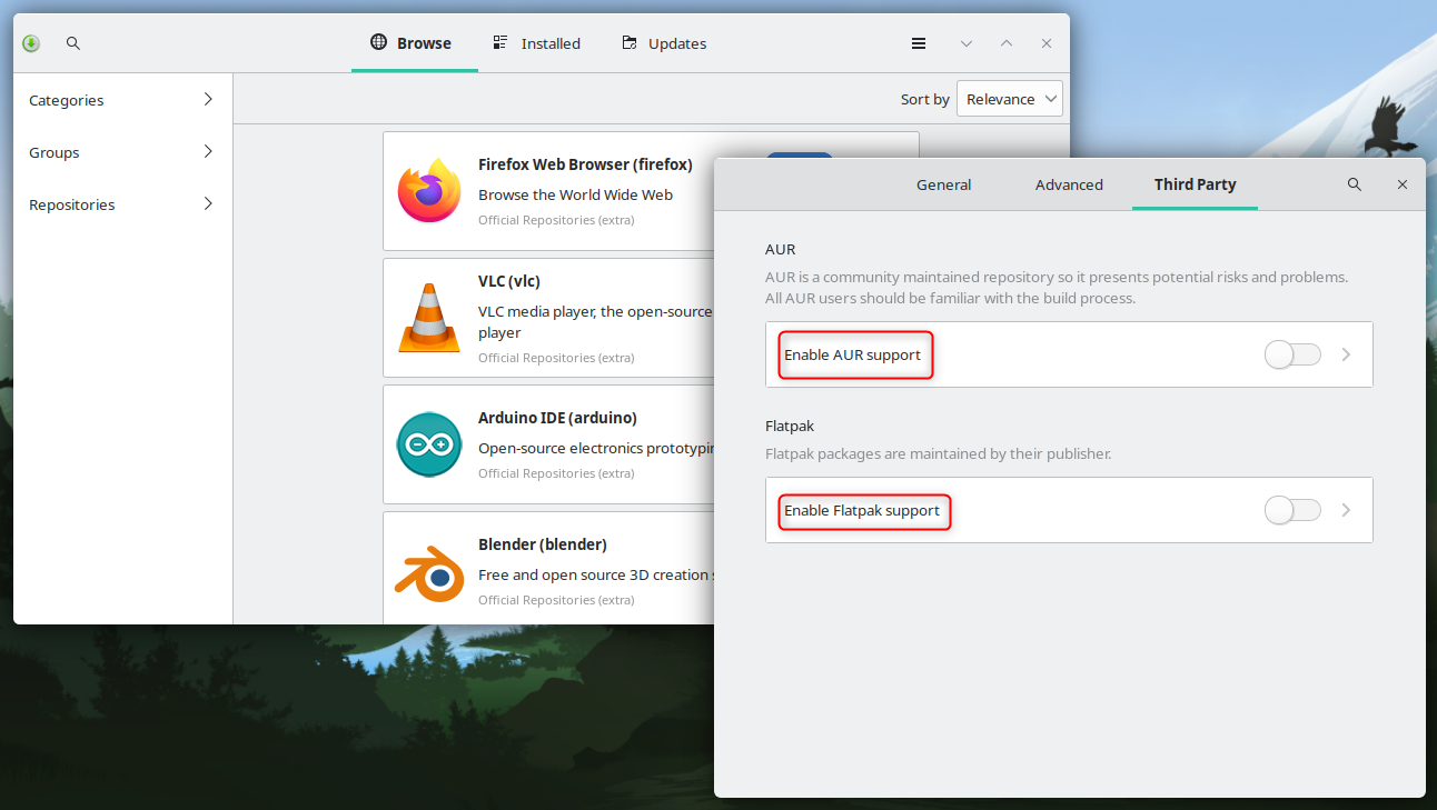 Manjaro Software Installer Pamac with Support for AUR and Flatpak.