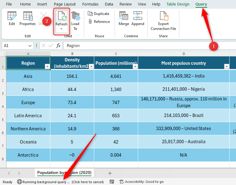 Excel worksheet with 'Query' and 'Refresh' highlighted, and an arrow pointing to Excel's status bar.