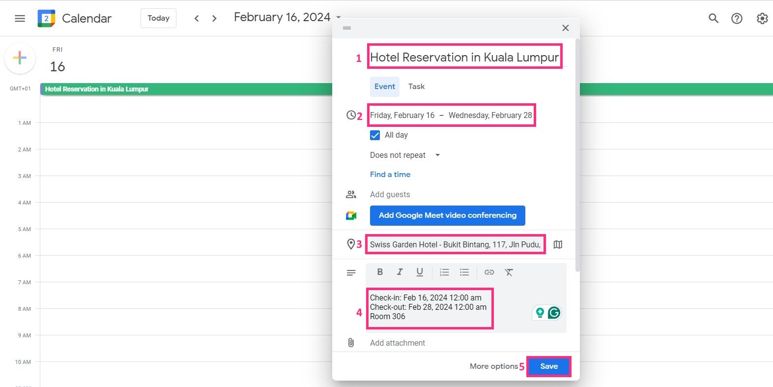 Manually creating a hotel reservation on Google Calendar