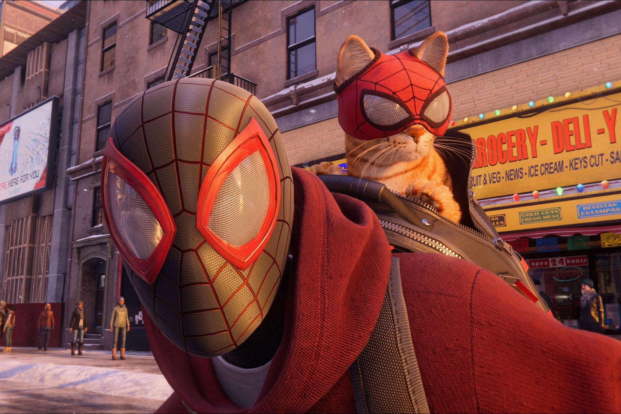 Marvel's Spider Man: Miles Morales plus a cat in a backpack.